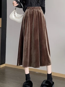 SURMIITRO מקרית מוצק אמצע אורך חצאית קטיפה נשים 2023 חדש סתיו קוריאנית אלגנטי קו גבוהה המותניים מידי זמן חצאית נשית