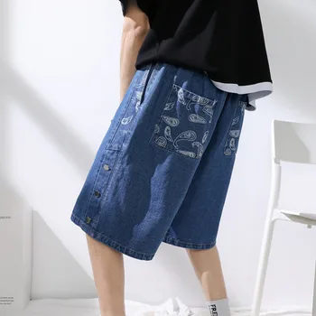 הקיץ חדש של גברים הדפסה רחב רגל סרבל מכנסיים אופנה מזדמן באגי ישר קצר ג ' ינס הגברי הונג קונג בסגנון מגמה רב-תכליתי המכנסיים