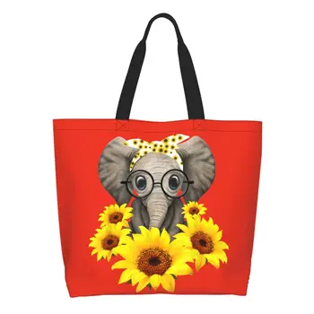 חמוד הפיל אוהב קניות תיק מצחיק הדפסת בד הקונה כתף תיק גדול קיבולת עמיד חמניות תיק