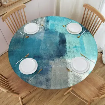 כחול הדפסת מפת שולחן עגול מקורה חיצוני מצויד גמיש עם קצוות עמיד למים לקישוט לשולחן פינת אוכל מטבח שולחן כיסוי