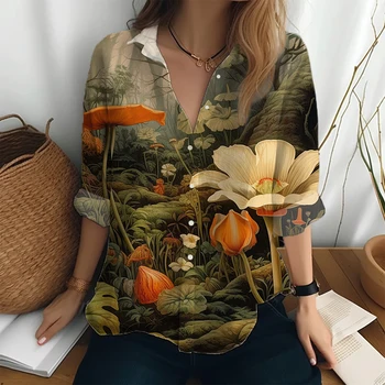 פרחים ודשא 3D מודפסים חולצה אופנה מזדמן דש החולצה סתיו חיצונית קניות נוח החולצה גדול גודל החולצה.